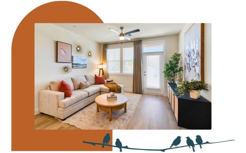 a living room with a couch and a table